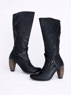 Jump Turbo Black Leather Boots with Buckle Strap & Stacked Heel